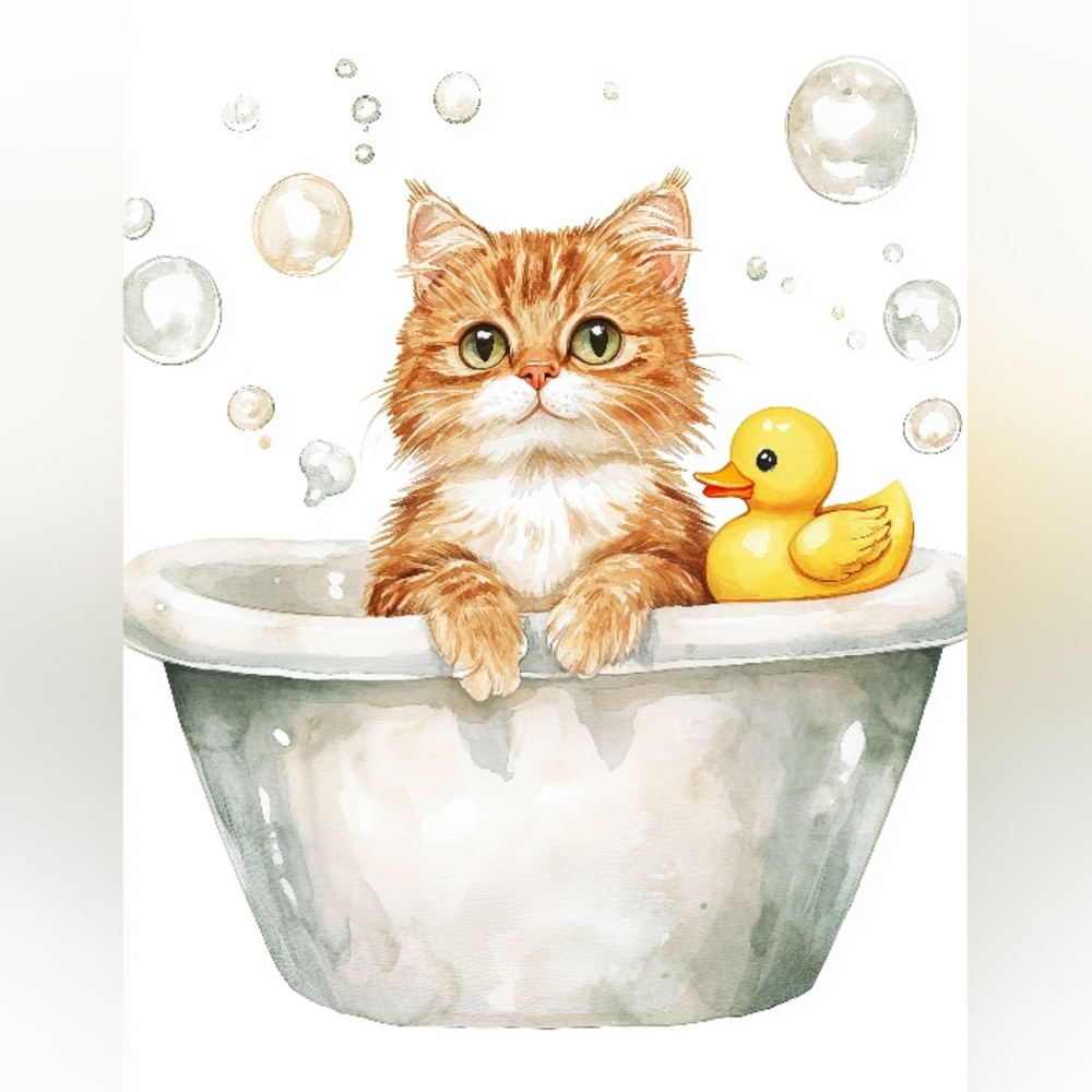 Charming Cat and Duck Bathtub Art Print